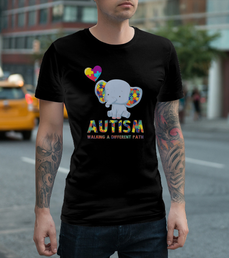 Autism Puzzle Piece Elephant Walking a Different Path T-Shirt