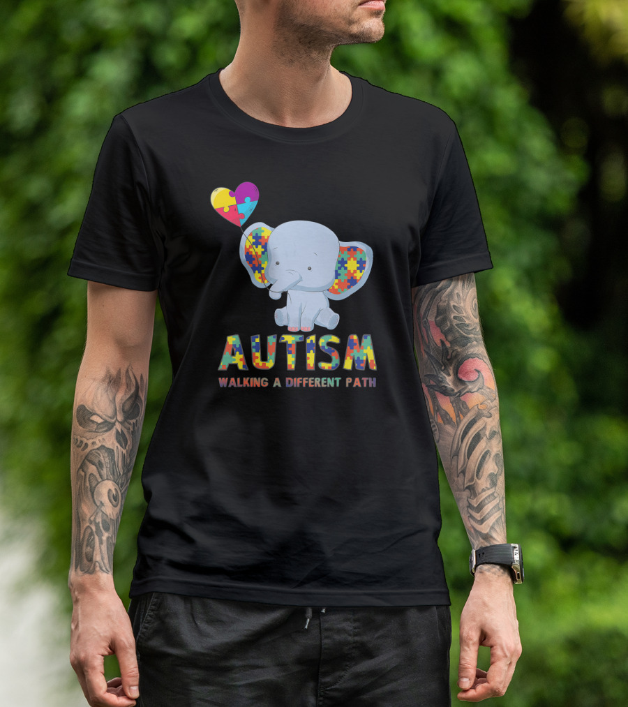 Autism Puzzle Piece Elephant Walking A Different Path T-Shirt