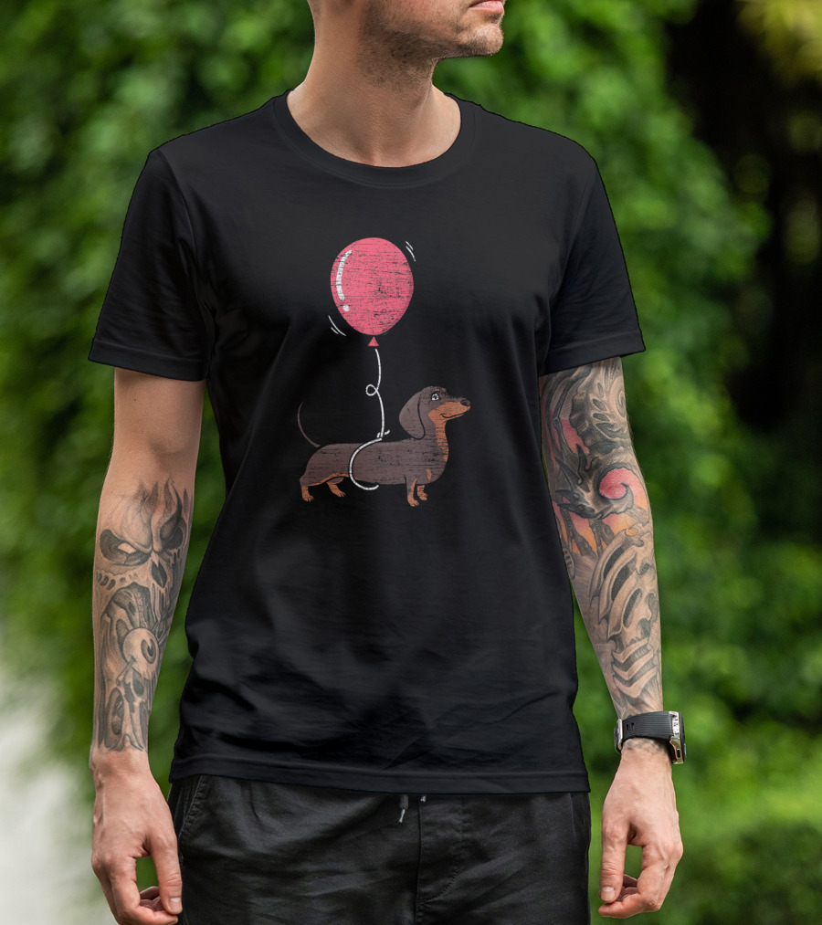 Balloon Dachshund Sketch With Red Balloon And Brown Dog Balloon Dachshund T-Shirt