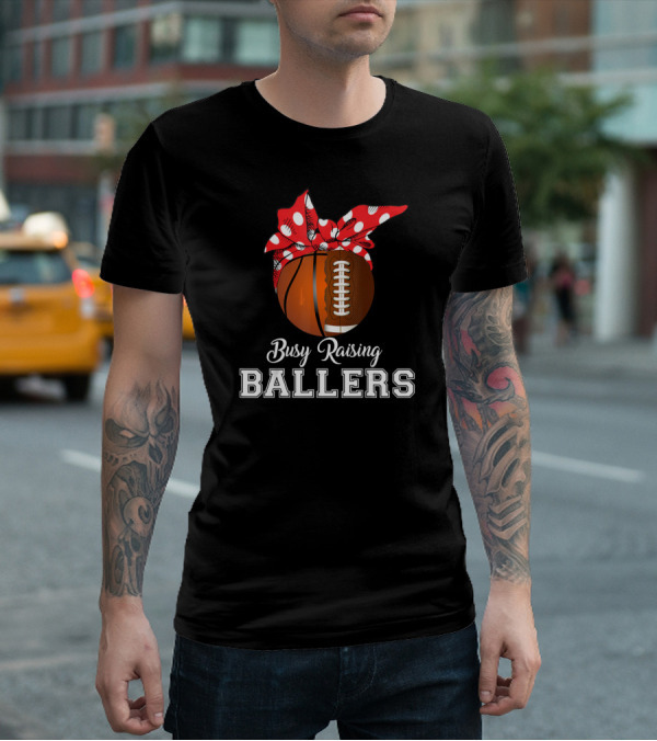 Basketball Football Busy Raising Ballers Polka Dot Bandana Typography T-Shirt