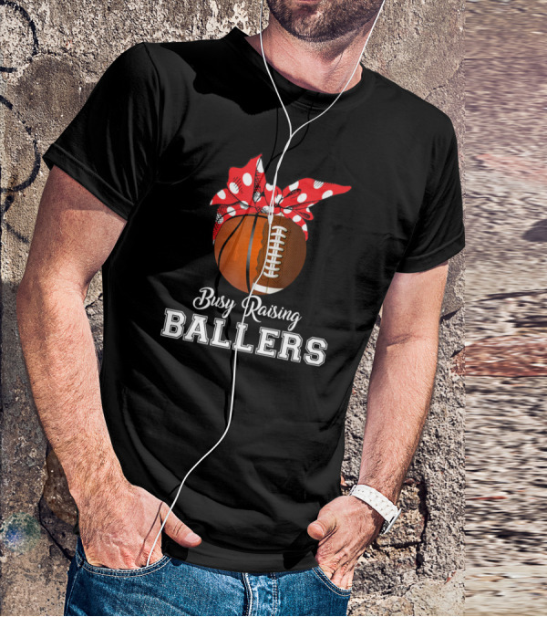 Basketball Football Busy Raising Ballers Polka Dot Bandana Typography T-Shirt