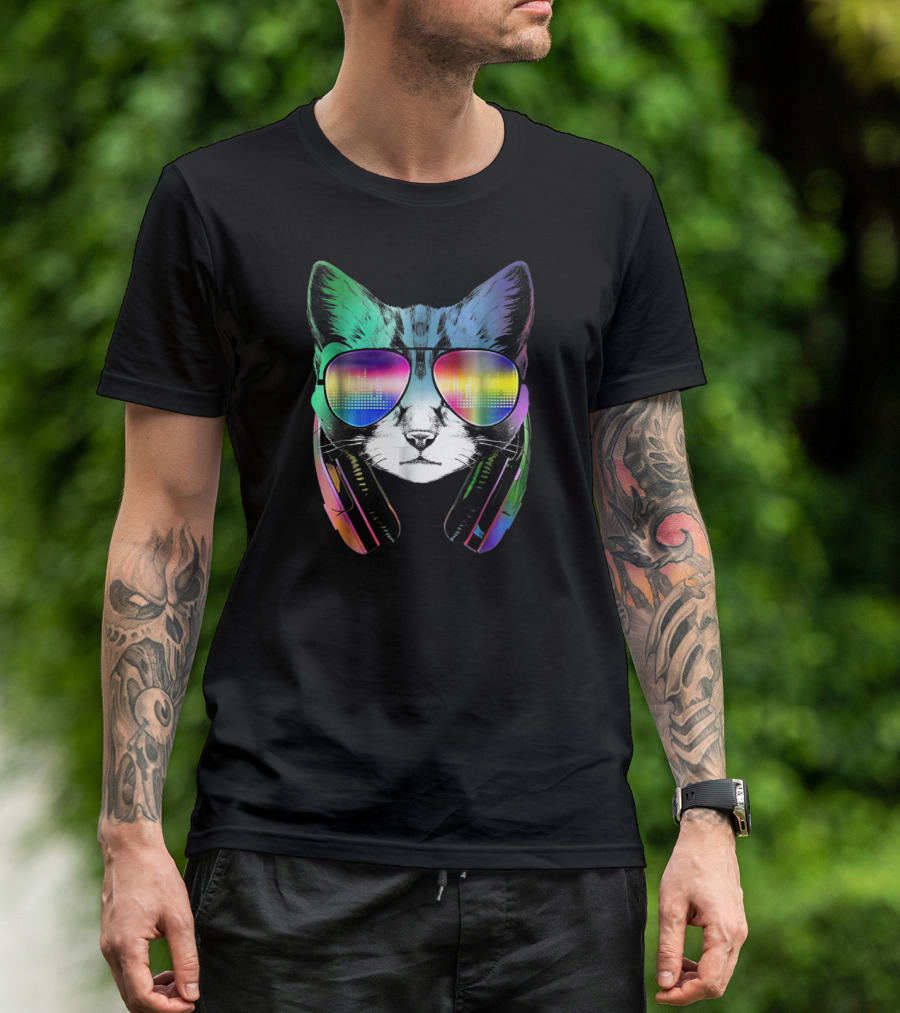 Electro Music Cat Rainbow DJ Sunglasses Headphones Retro Vibes T-Shirt