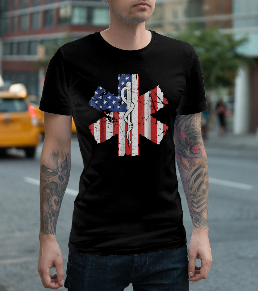 EMT EMS World's Okayest Paramedic American Flag Star of Life T-Shirt
