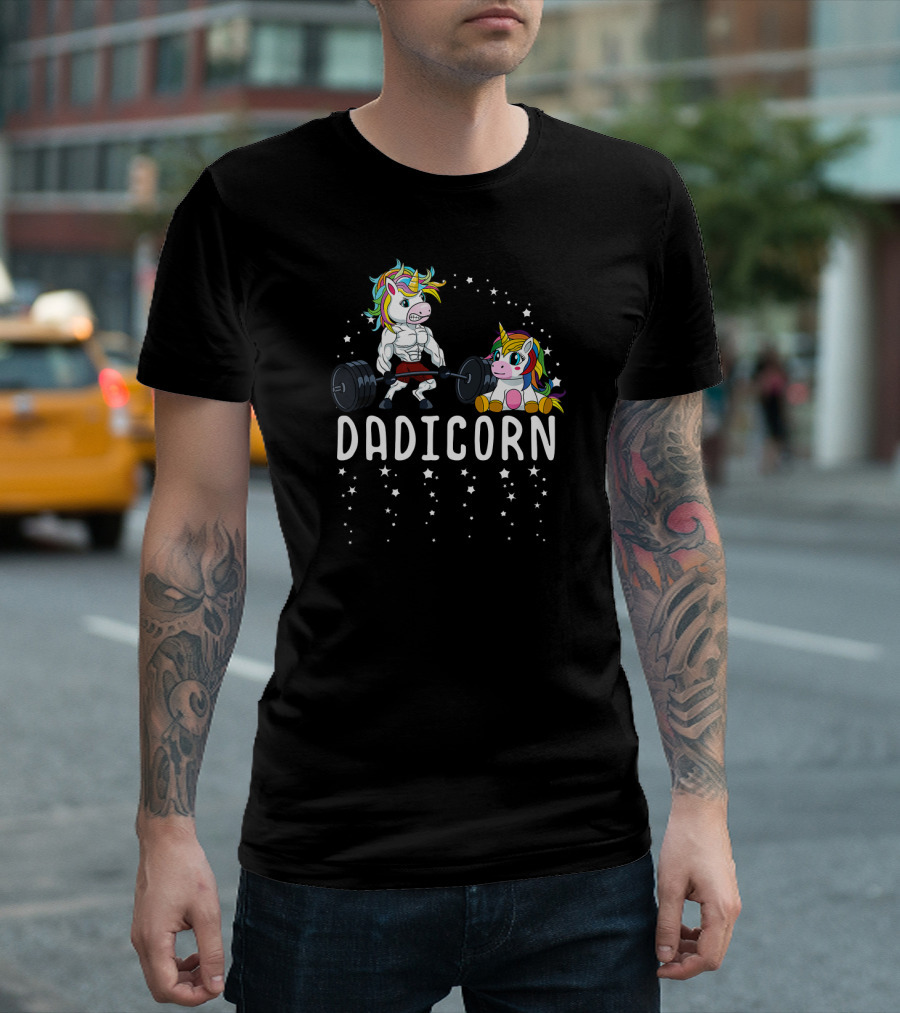 Dadicorn Unicorn Dad Fitness Gym Muscles Weights Lifting Stars T-Shirt
