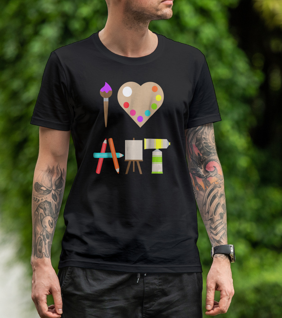 I LOVE ART FUN COLORFUL FUTURE ARTIST HEART PALETTE PAINTBRUSH PENCILS EASEL TUBE T-Shirt