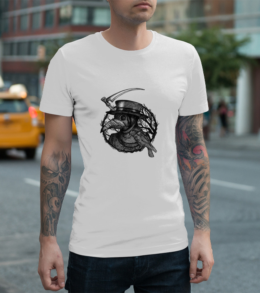 Plague Doctor Medieval Bird Mask With Scythe And Crow T-Shirt