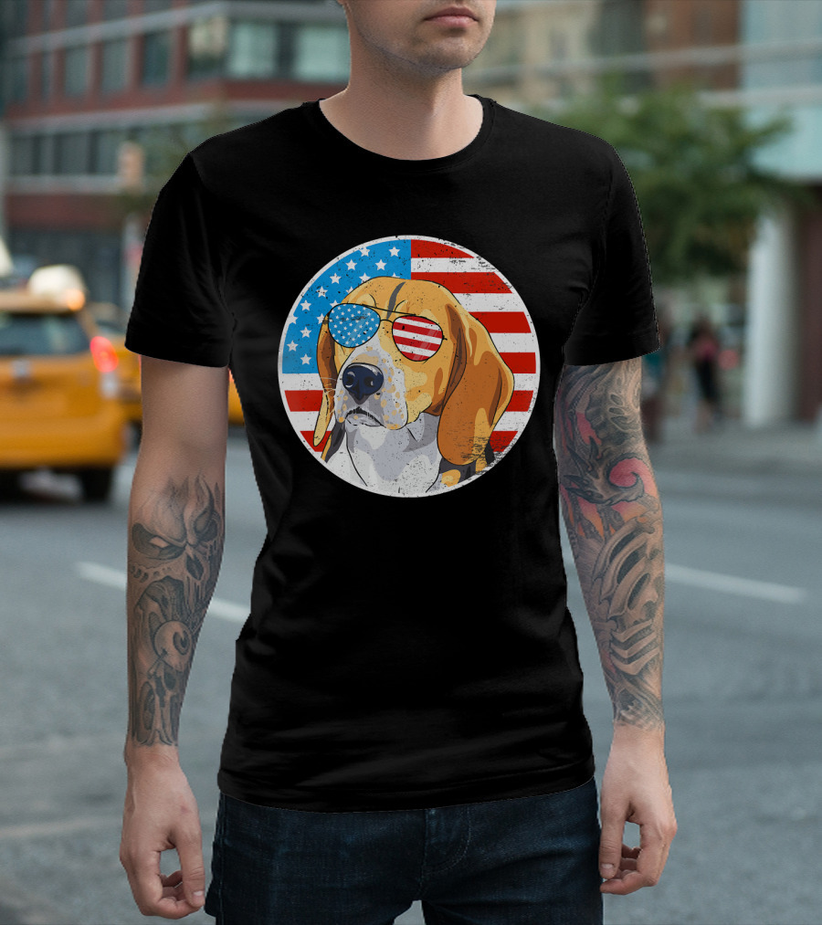 4th of July Beagle Dog America Flag Sunglasses T-Shirt