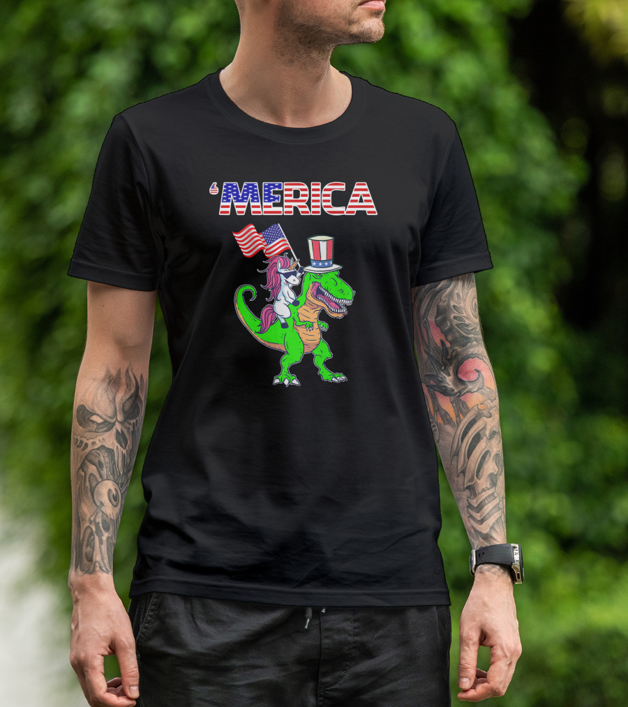 'Merica Dinosaur Unicorn Flags Top Hat T-Shirt