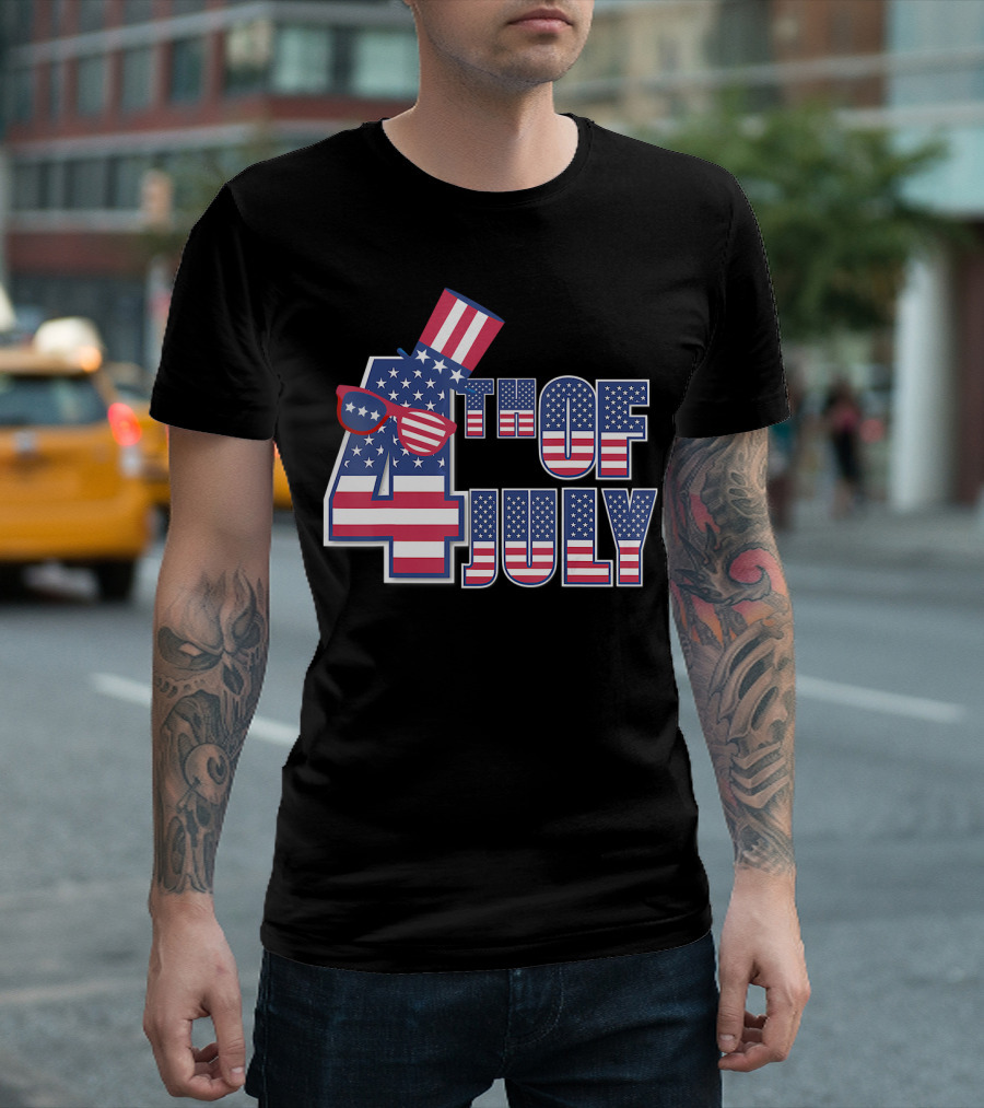 4th Of July American Flag Hat And Sunglasses Independence Day T-Shirt