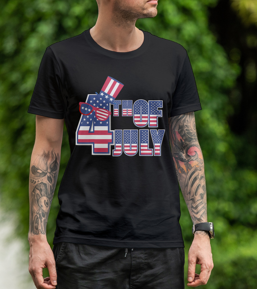 4th Of July American Flag Hat And Sunglasses Independence Day T-Shirt