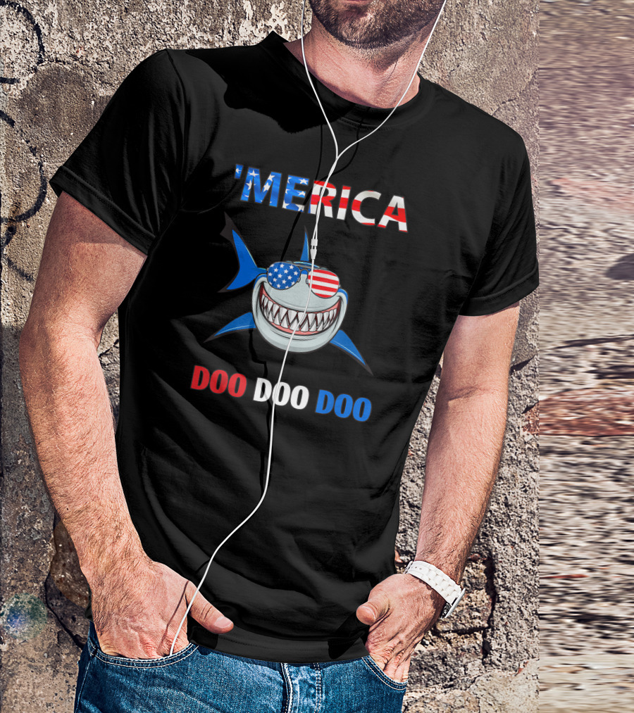 'Merica Shark Doo Doo Doo Patriotic Sunglasses USA Flag T-Shirt