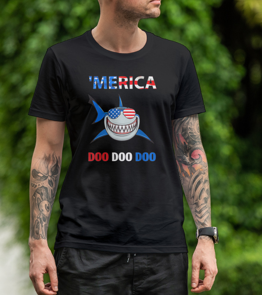 'Merica Shark Doo Doo Doo Patriotic Sunglasses USA Flag T-Shirt