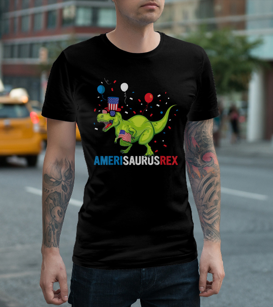 Amerisaurus Rex 4th of July Dinosaur with Patriotic Hat and Flags T-Shirt