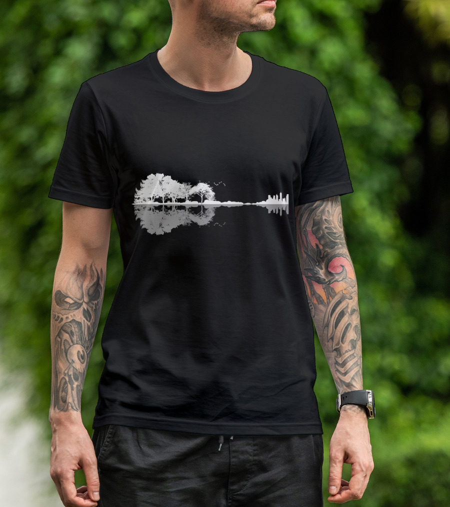 Acoustic Guitar Nature Forest Tree Reflection And Skyline T-Shirt
