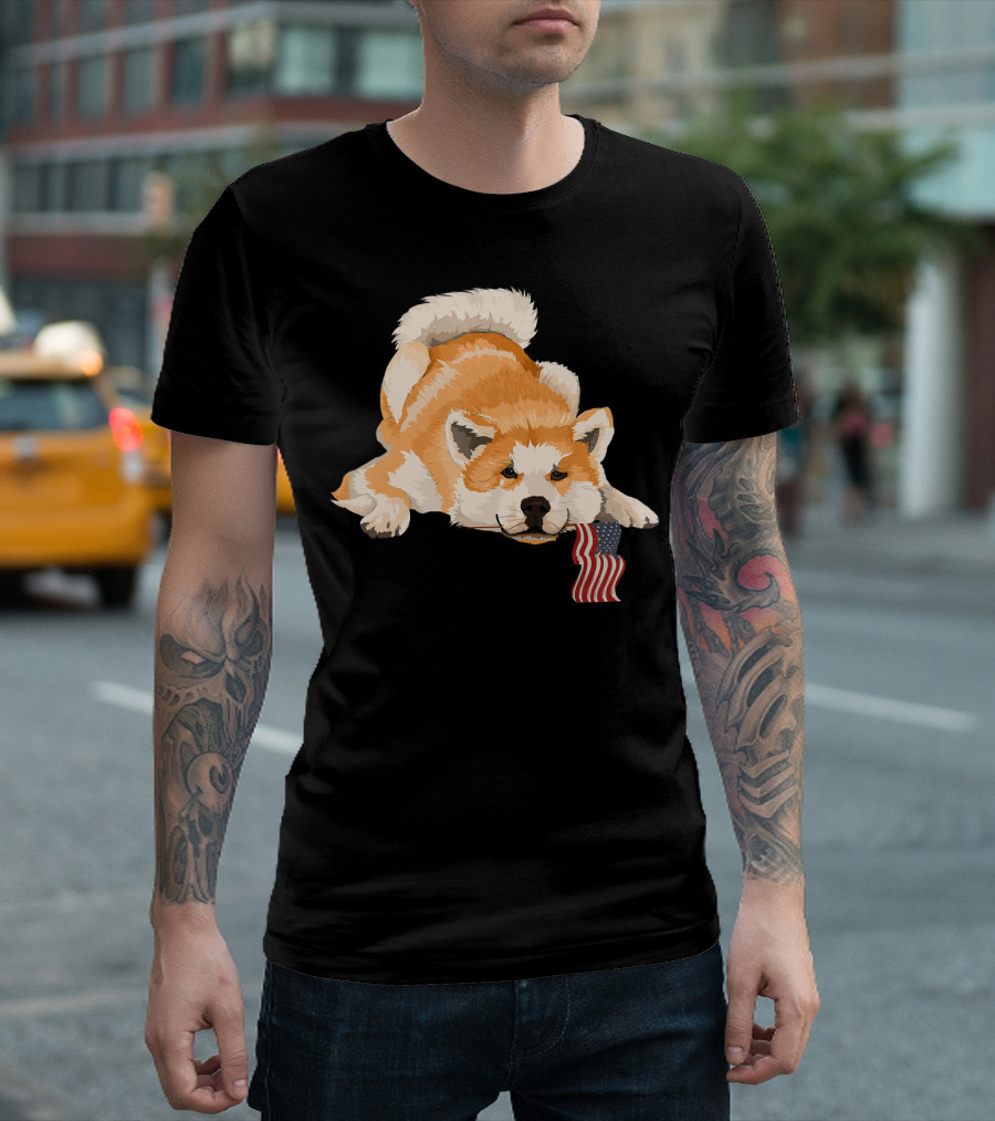Akita Dog Lover with American Flag Motif T-Shirt