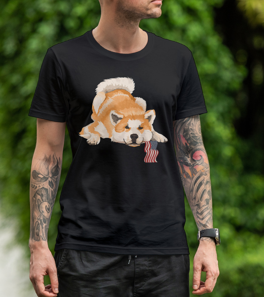 Akita Dog Lover With American Flag Motif T-Shirt