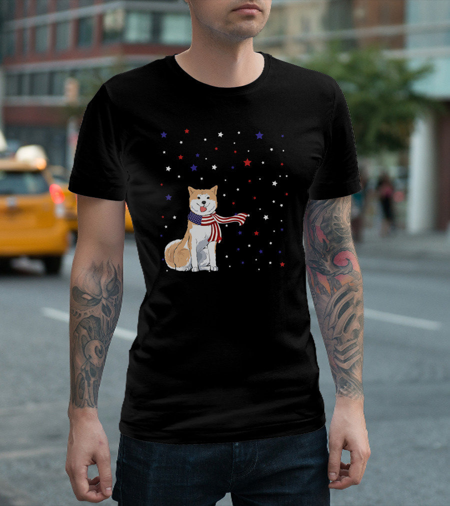 Akita Inu Patriotic American Flag Scarf Stars T-Shirt