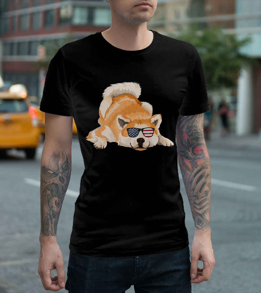 Akita Inu Wearing American Flag Sunglasses Playful Pose T-Shirt