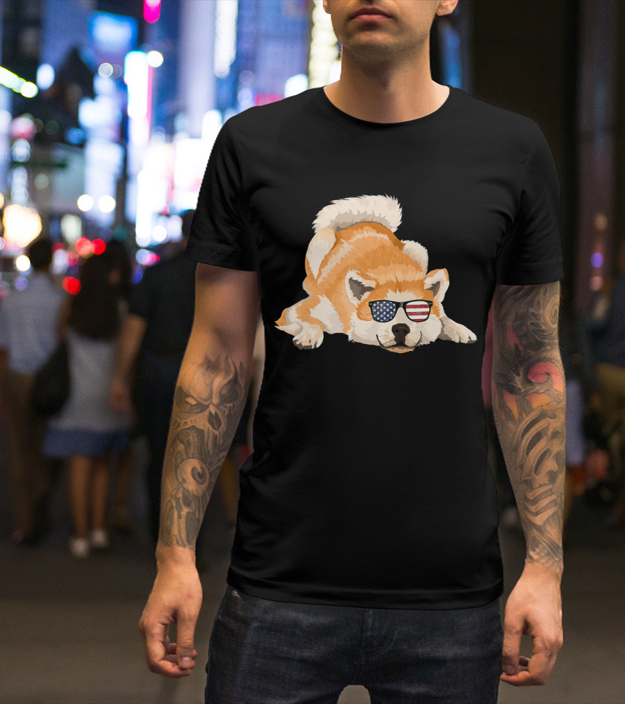 Akita Inu Wearing American Flag Sunglasses Playful Pose T-Shirt