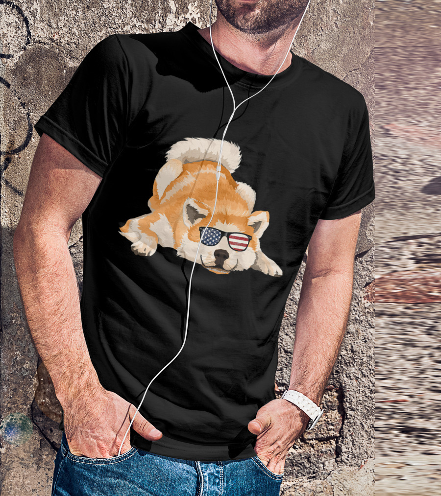 Akita Inu Wearing American Flag Sunglasses Playful Pose T-Shirt