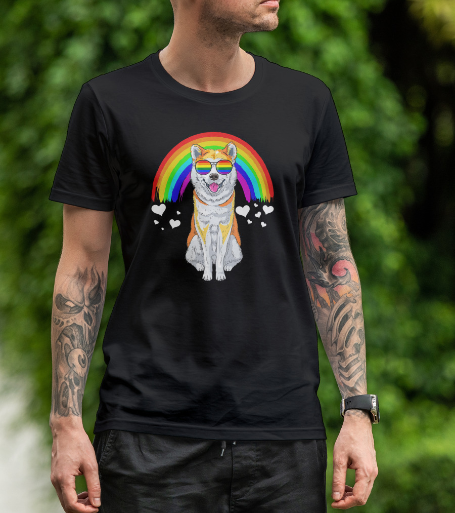 Akita Inu Rainbow Pride Sunglasses Hearts T-Shirt