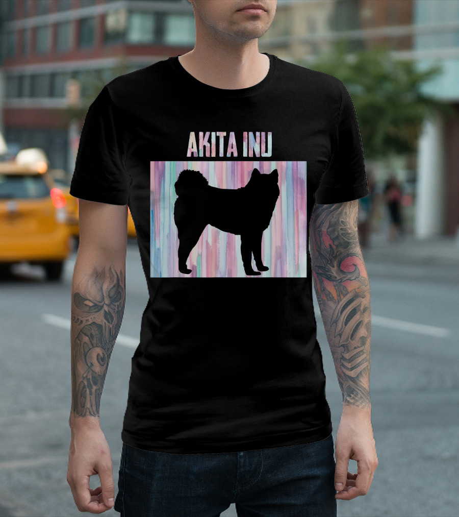 AKITA INU Silhouette on Pastel Watercolor Stripes T-Shirt