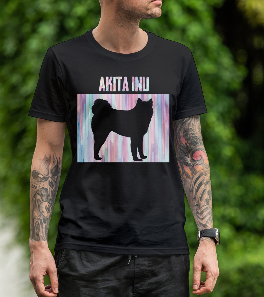 AKITA INU Silhouette On Pastel Watercolor Stripes T-Shirt