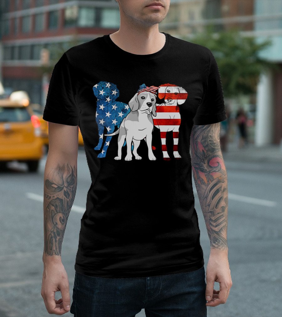 American Beagle Trio with Patriotic Stars and Stripes US Flag Motif T-Shirt