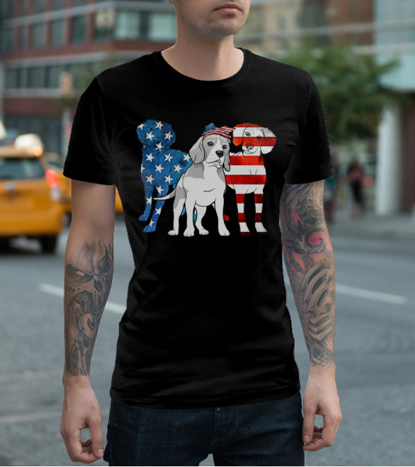 American Beagle Trio With Patriotic Stars And Stripes US Flag Motif T-Shirt