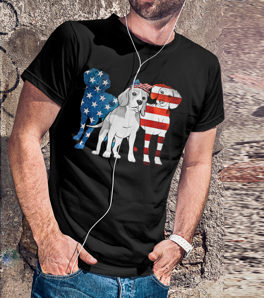 American Beagle Trio With Patriotic Stars And Stripes US Flag Motif T-Shirt