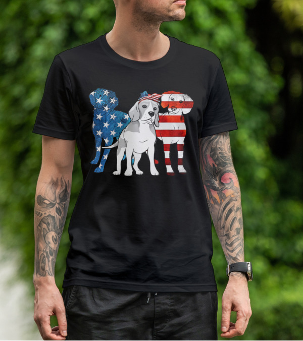 American Beagle Trio With Patriotic Stars And Stripes US Flag Motif T-Shirt