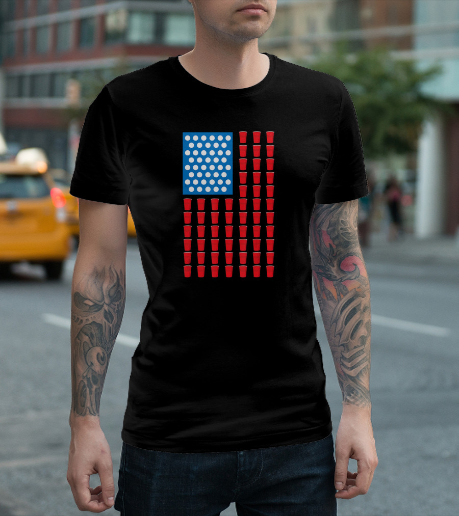 American Flag Beer Pong Red Cup Pattern Patriotic Party T-Shirt