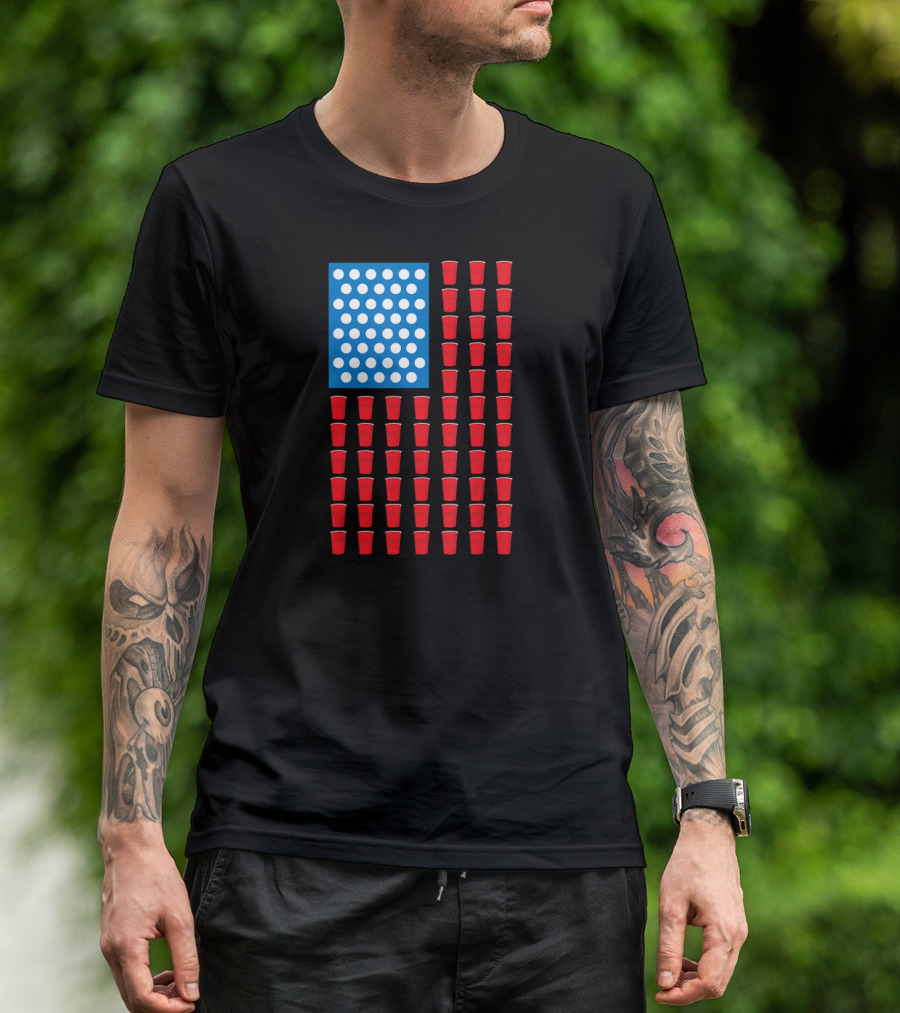 American Flag Beer Pong Red Cup Pattern Patriotic Party T-Shirt