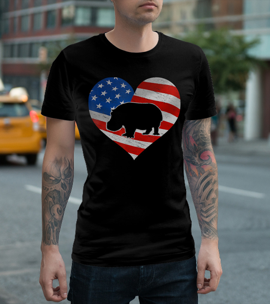 American Flag Hippo Heart T-Shirt
