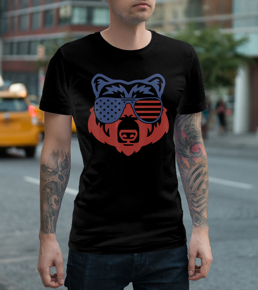 American Patriotic Bear With Flag Sunglasses T-Shirt