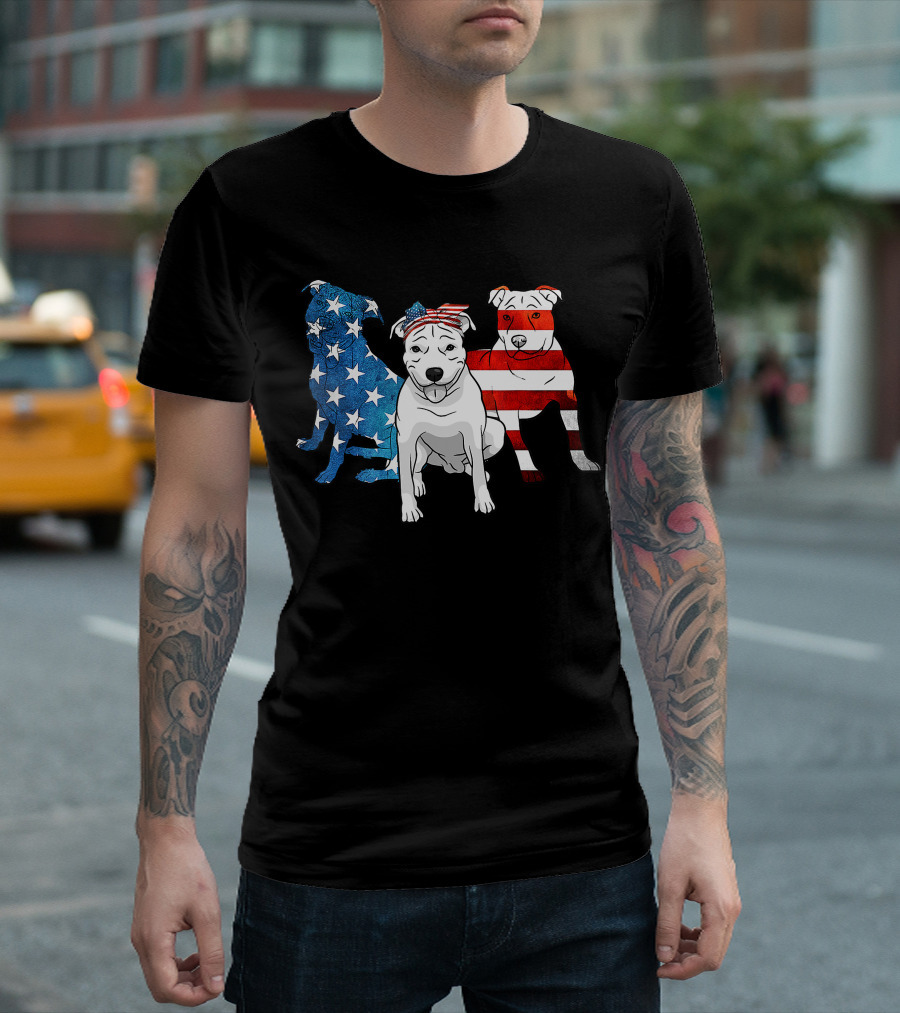 American Pitbull Trio With US Flag T-Shirt