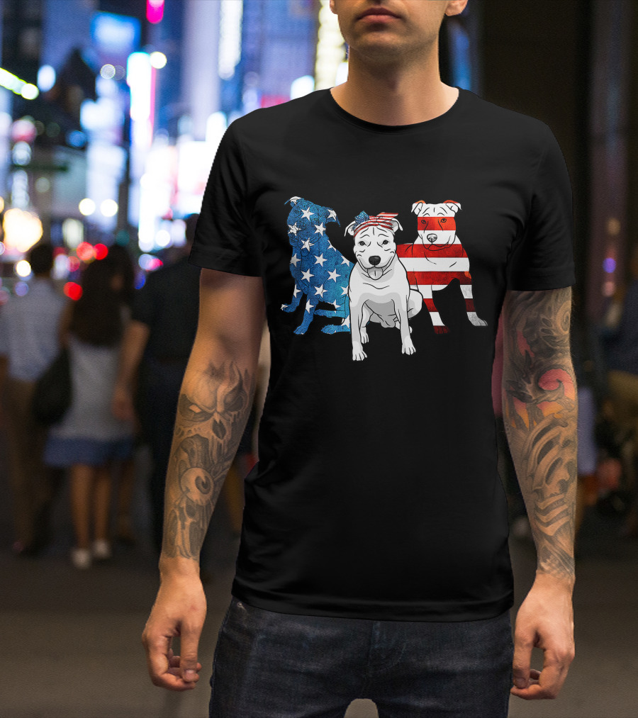 American Pitbull Trio With US Flag T-Shirt