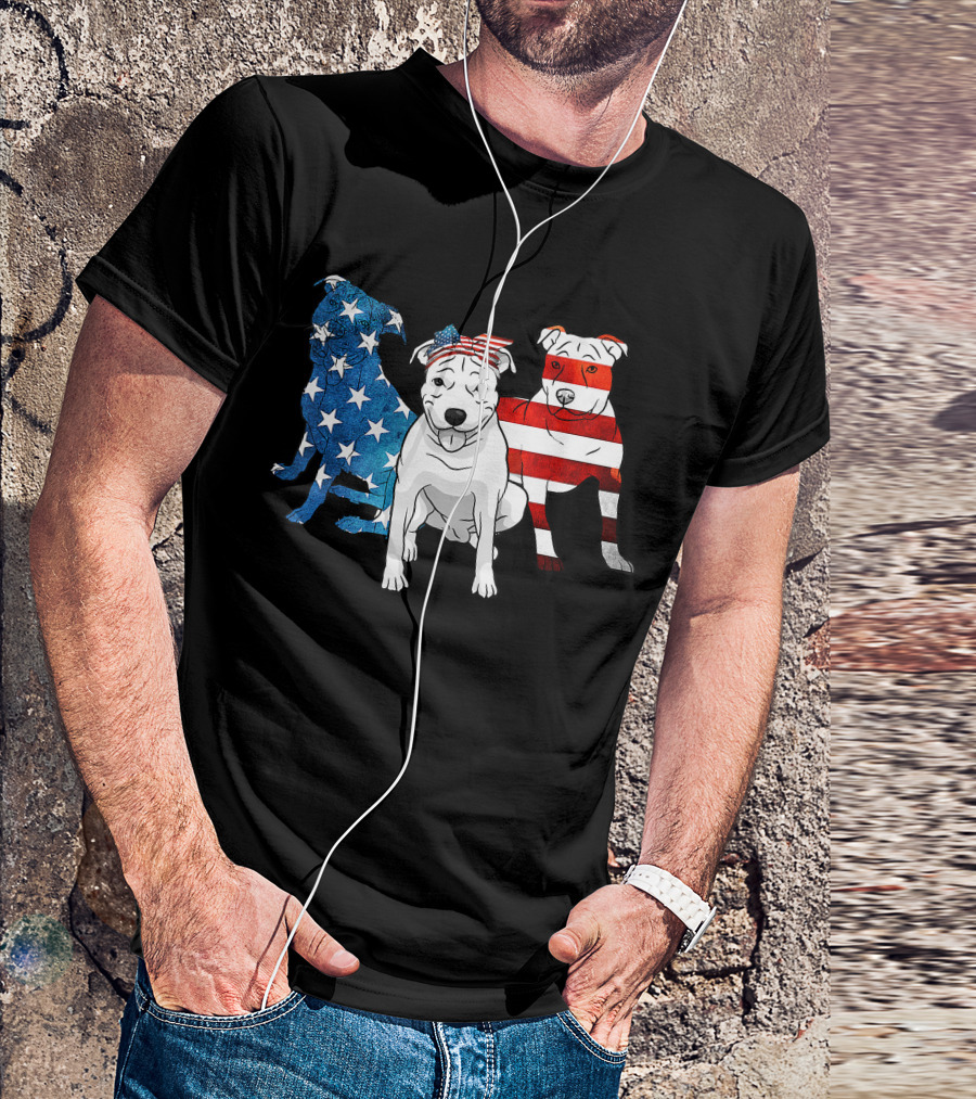 American Pitbull Trio With US Flag T-Shirt