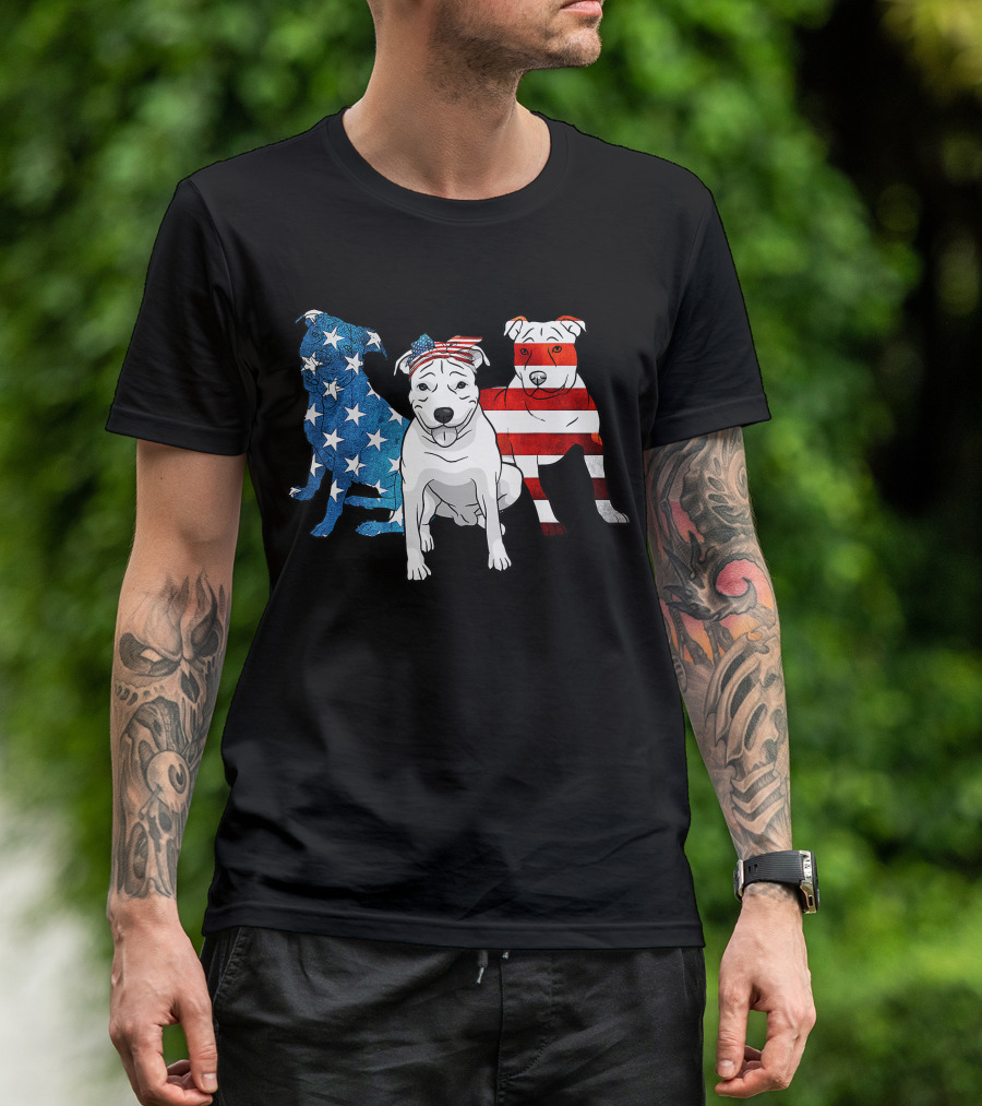 American Pitbull Trio With US Flag T-Shirt