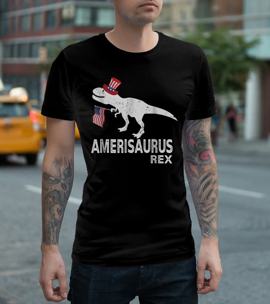 Amerisaurus Rex Patriotic Dinosaur With Uncle Sam Hat And American Flag T-Shirt