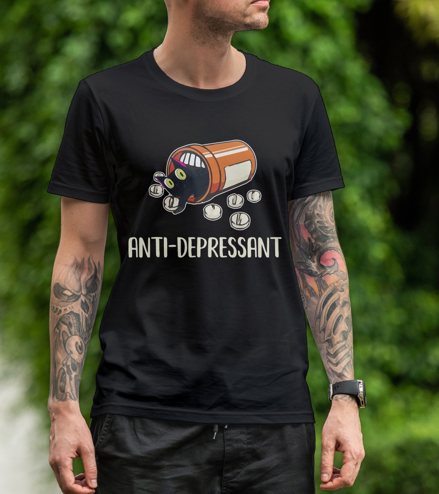 Anti-Depressant Funny Black Cat In Pill Bottle T-Shirt