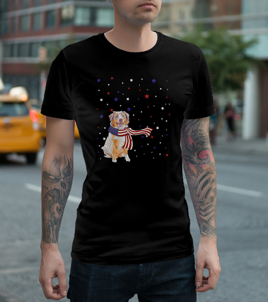 Australian Shepherd Dog With American Flag Scarf Surrounded By Stars T-Shirt