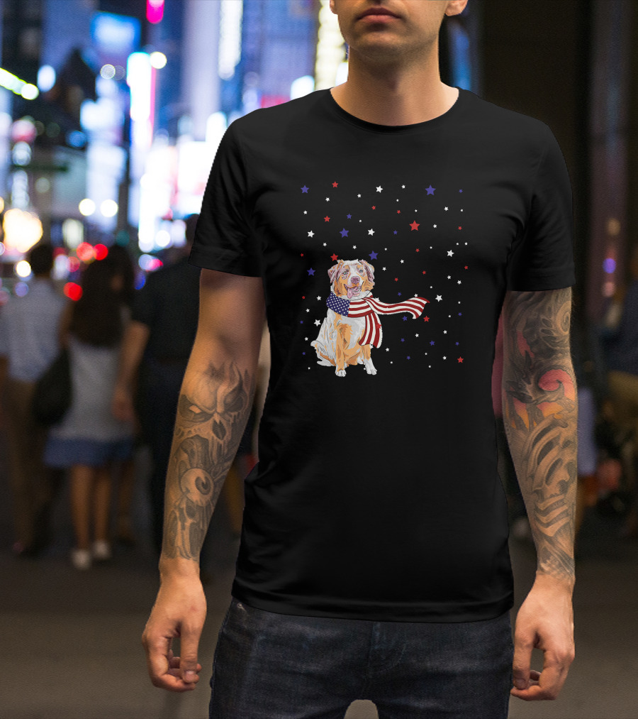 Australian Shepherd Dog With American Flag Scarf Surrounded By Stars T-Shirt