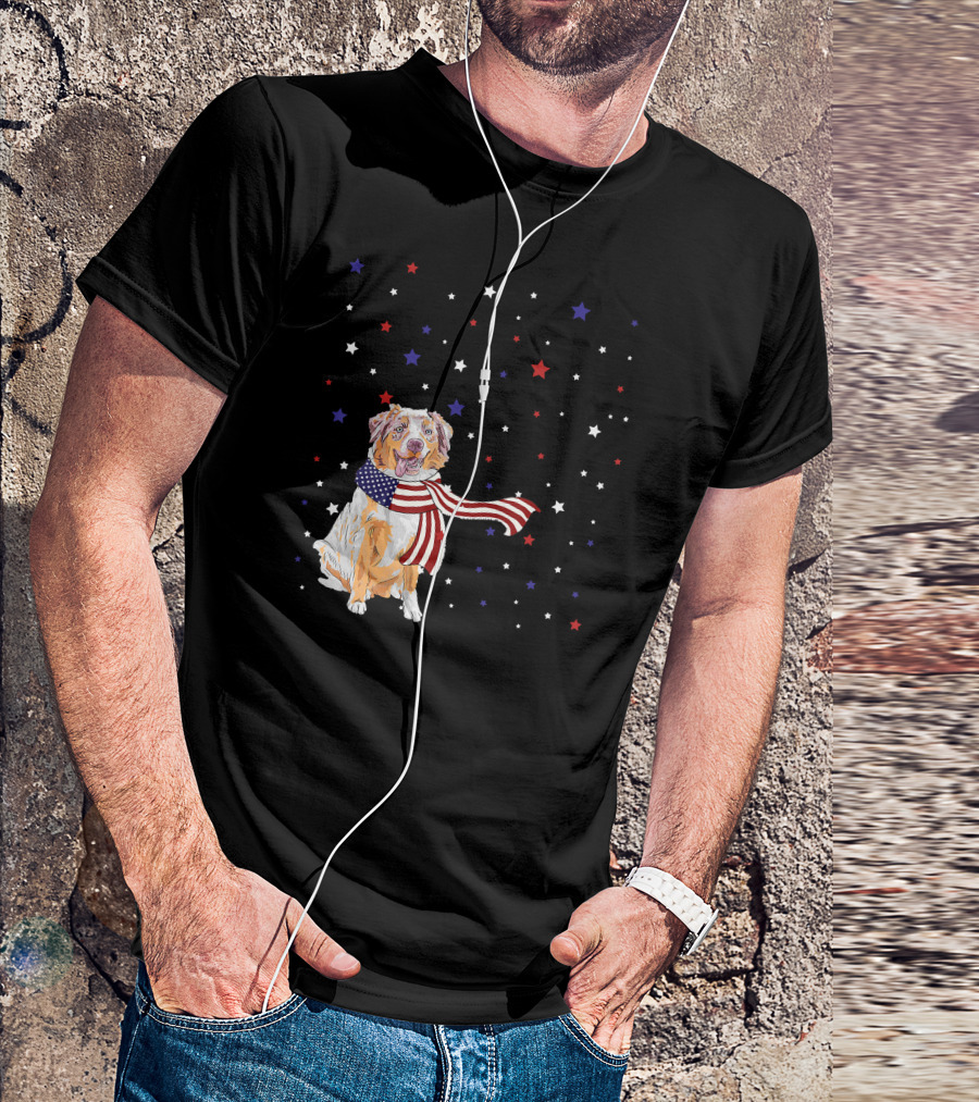 Australian Shepherd Dog With American Flag Scarf Surrounded By Stars T-Shirt