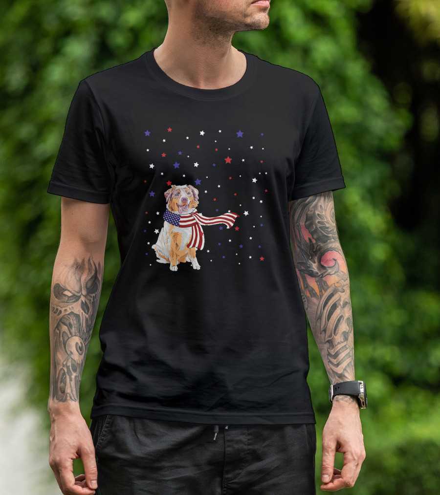 Australian Shepherd Dog With American Flag Scarf Surrounded By Stars T-Shirt