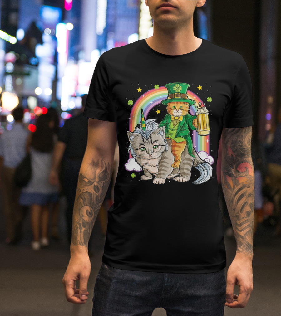 St. Patrick's Day Cat Riding Unicorn With Rainbow And Beer T-Shirt