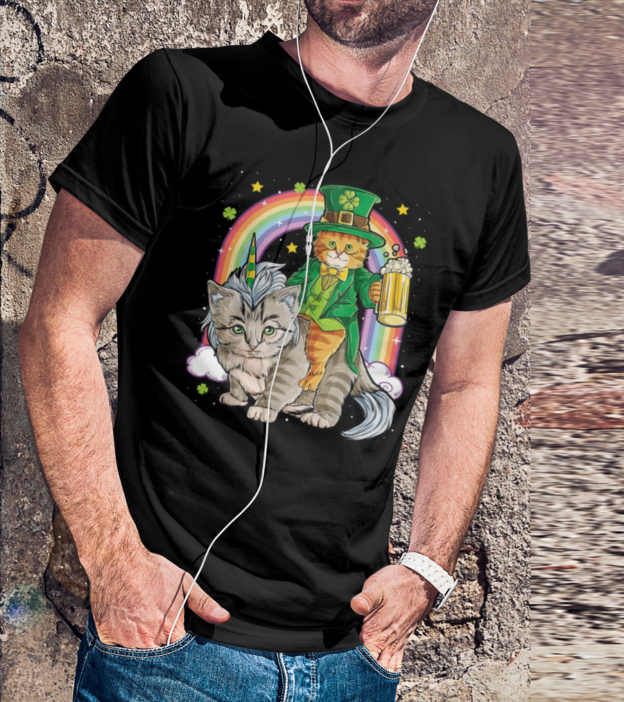 St. Patrick's Day Cat Riding Unicorn With Rainbow And Beer T-Shirt
