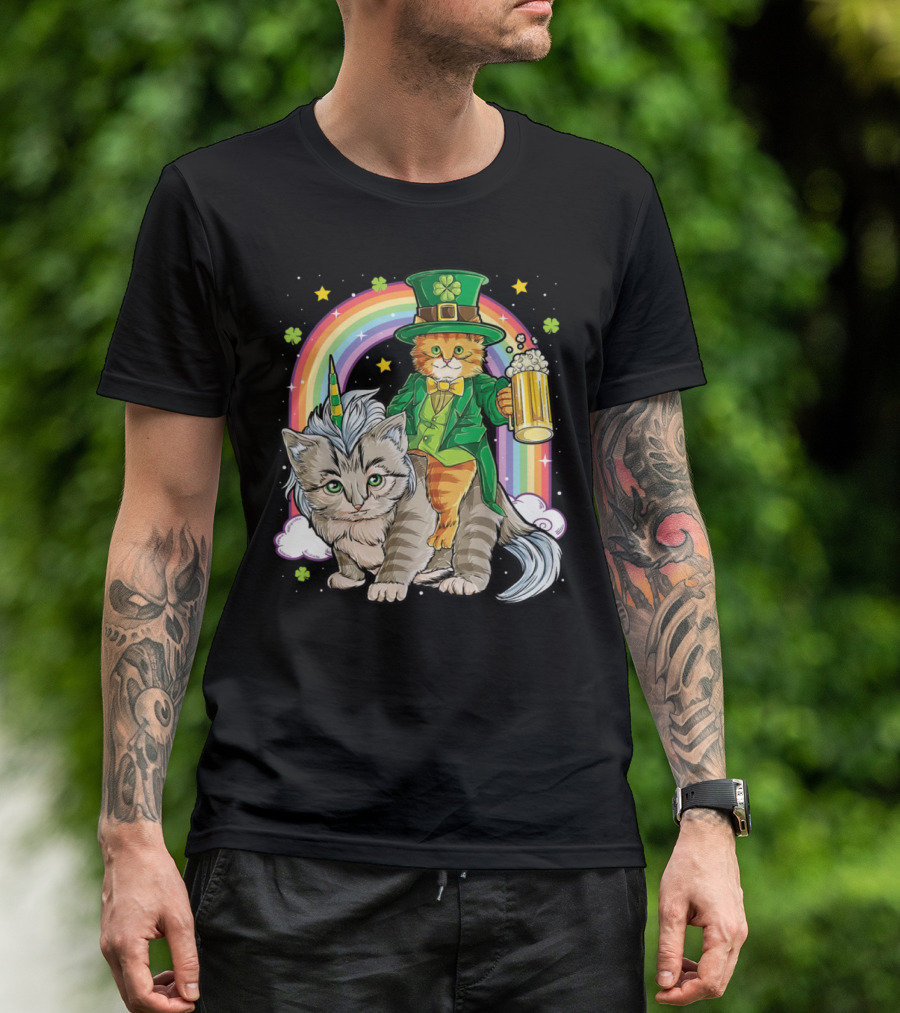 St. Patrick's Day Cat Riding Unicorn With Rainbow And Beer T-Shirt