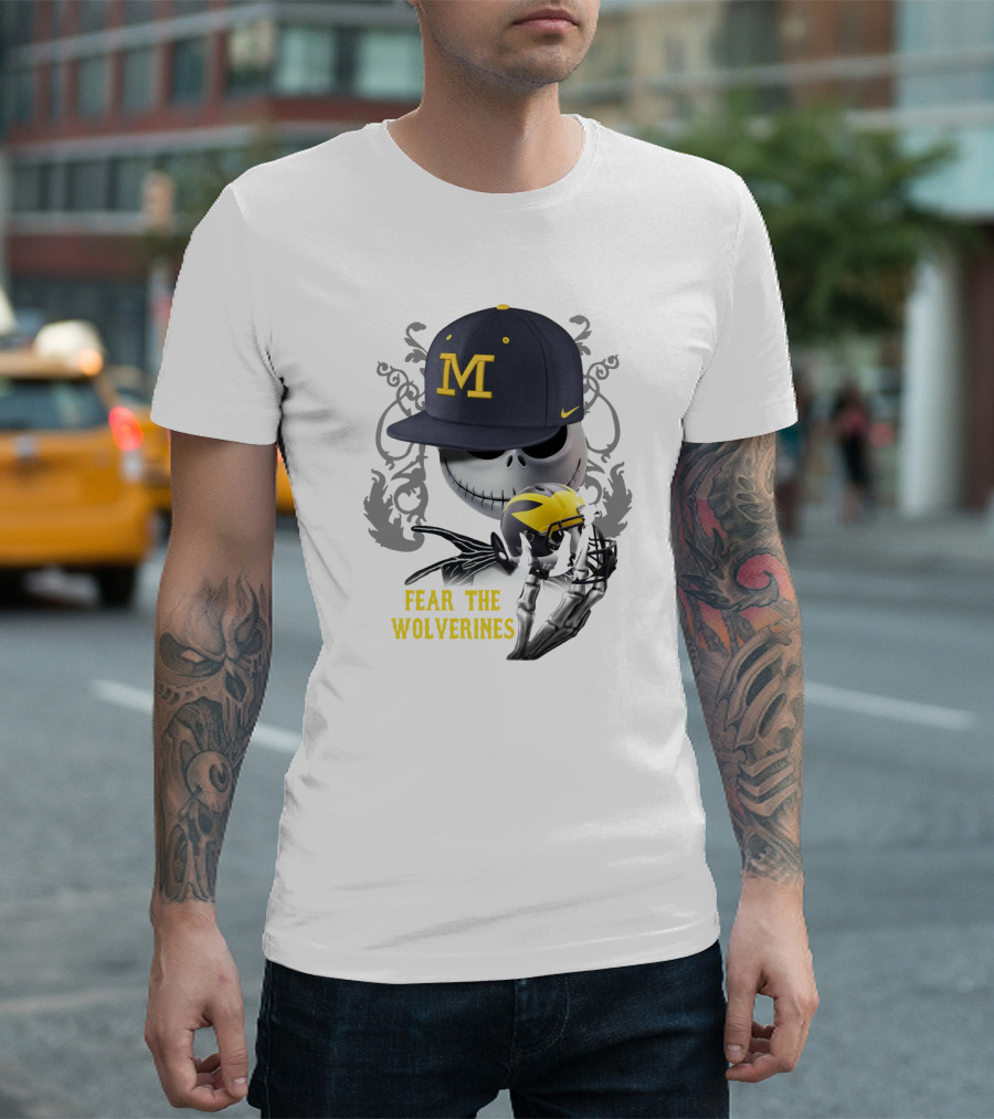 Fear the Wolverines Skellington M Hat Football Helmet T-Shirt