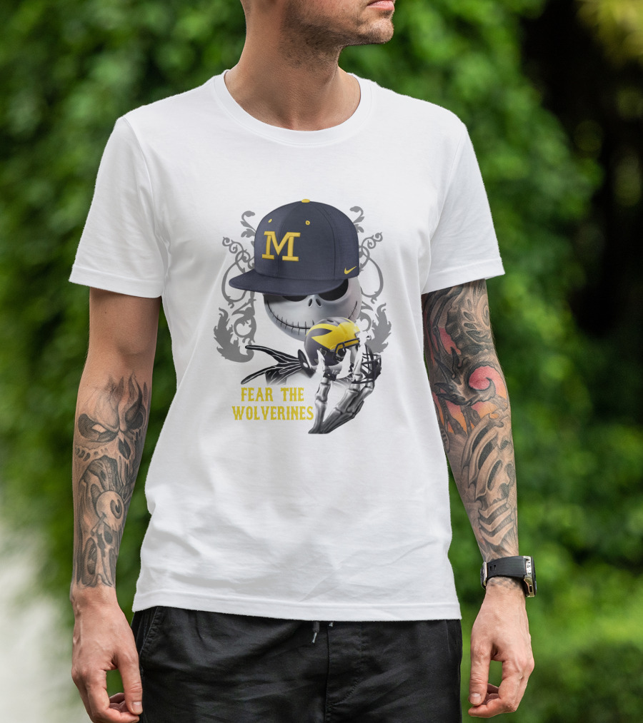 Fear The Wolverines Skellington M Hat Football Helmet T-Shirt